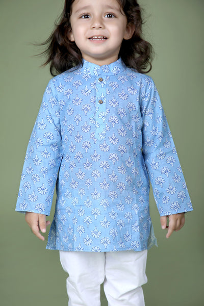 Blue Floral Block Printed Kurta And Pyjama