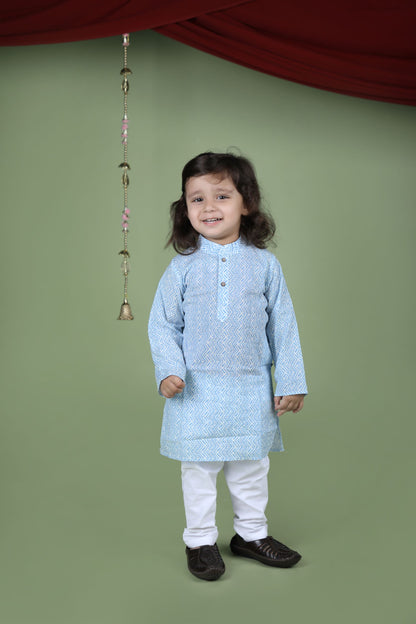 Blue Zig Zag Hand Block Printed Kurta And Pyjama