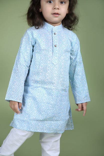 Blue Zig Zag Hand Block Printed Kurta And Pyjama