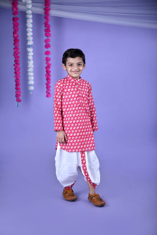 Pink Floral Block Printed Kurta And Dhoti