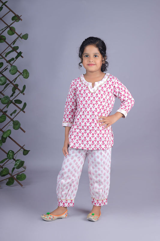 Pink Flower Print Kurta And Printed Salwar